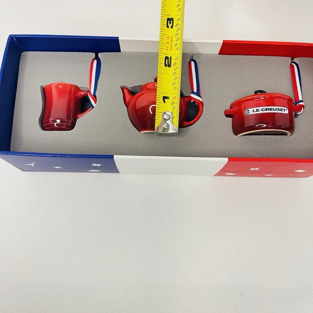 Le Creuset Cerise Red Miniature Set of 3 Ornaments‎ Mug Teapot Dutch Oven NEW